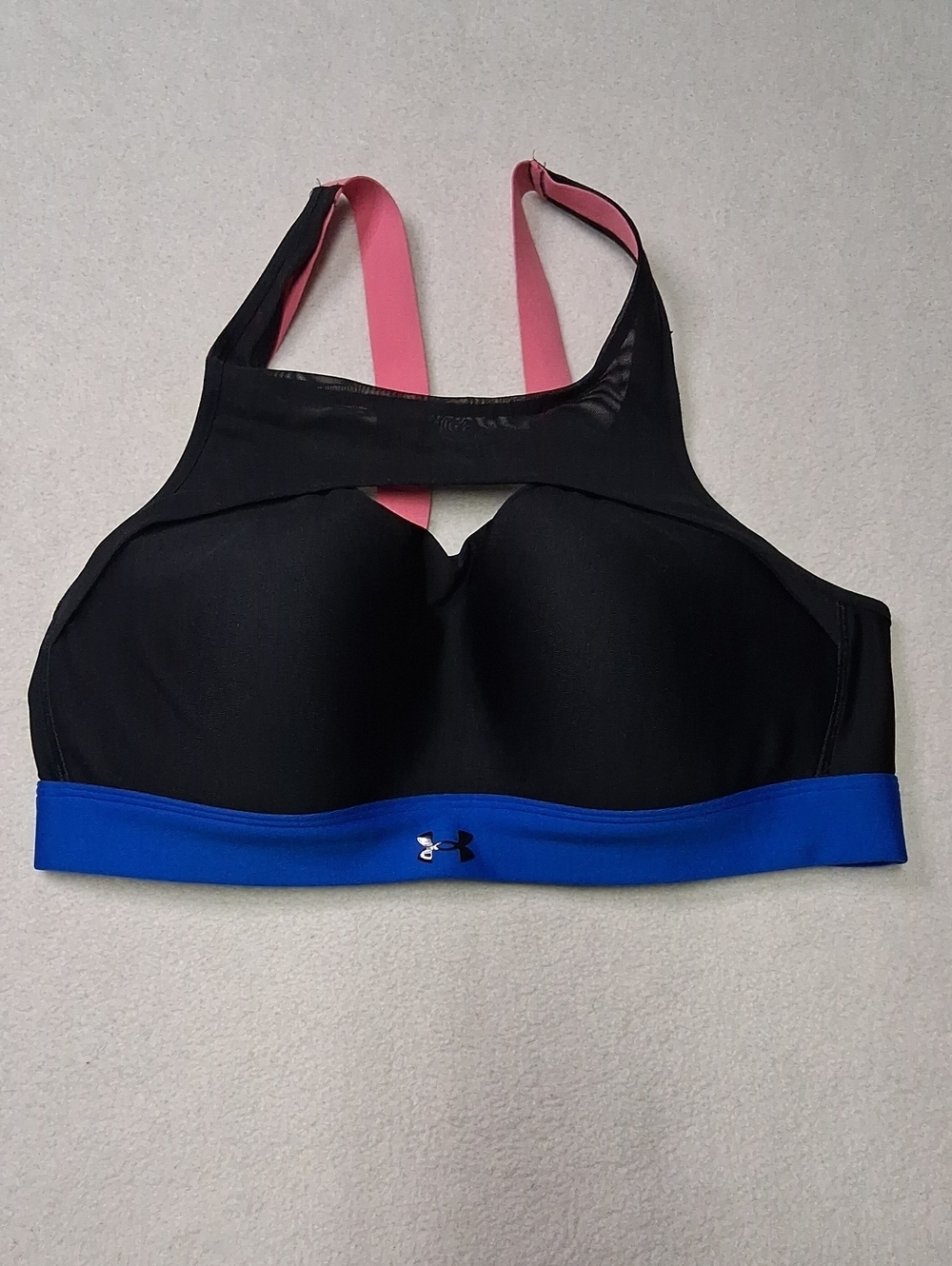 Under Armour Black Sports Bra with Blue Band and Pink Straps